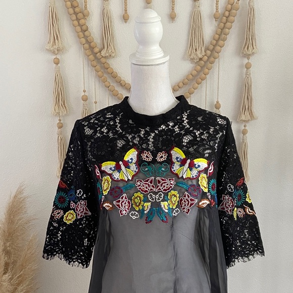 Beautiful black organza overlay babydoll sheer dress embroidered lace butterfly - Picture 3 of 16